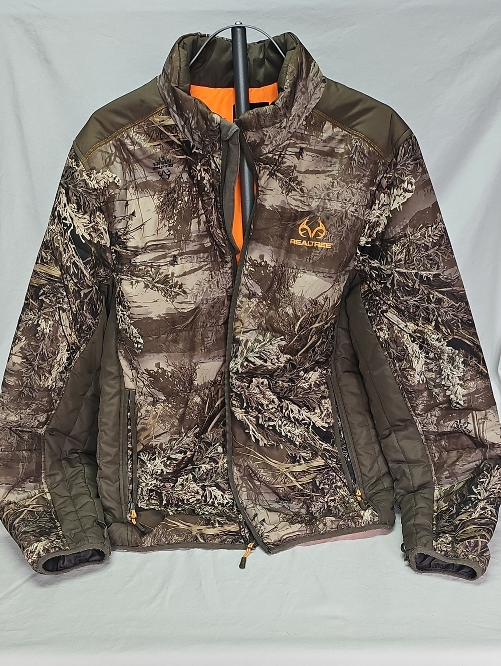 Realtree Max-1 XT Men's Camo Puffer Jacket - Olive/Brown with Orange Trim Large